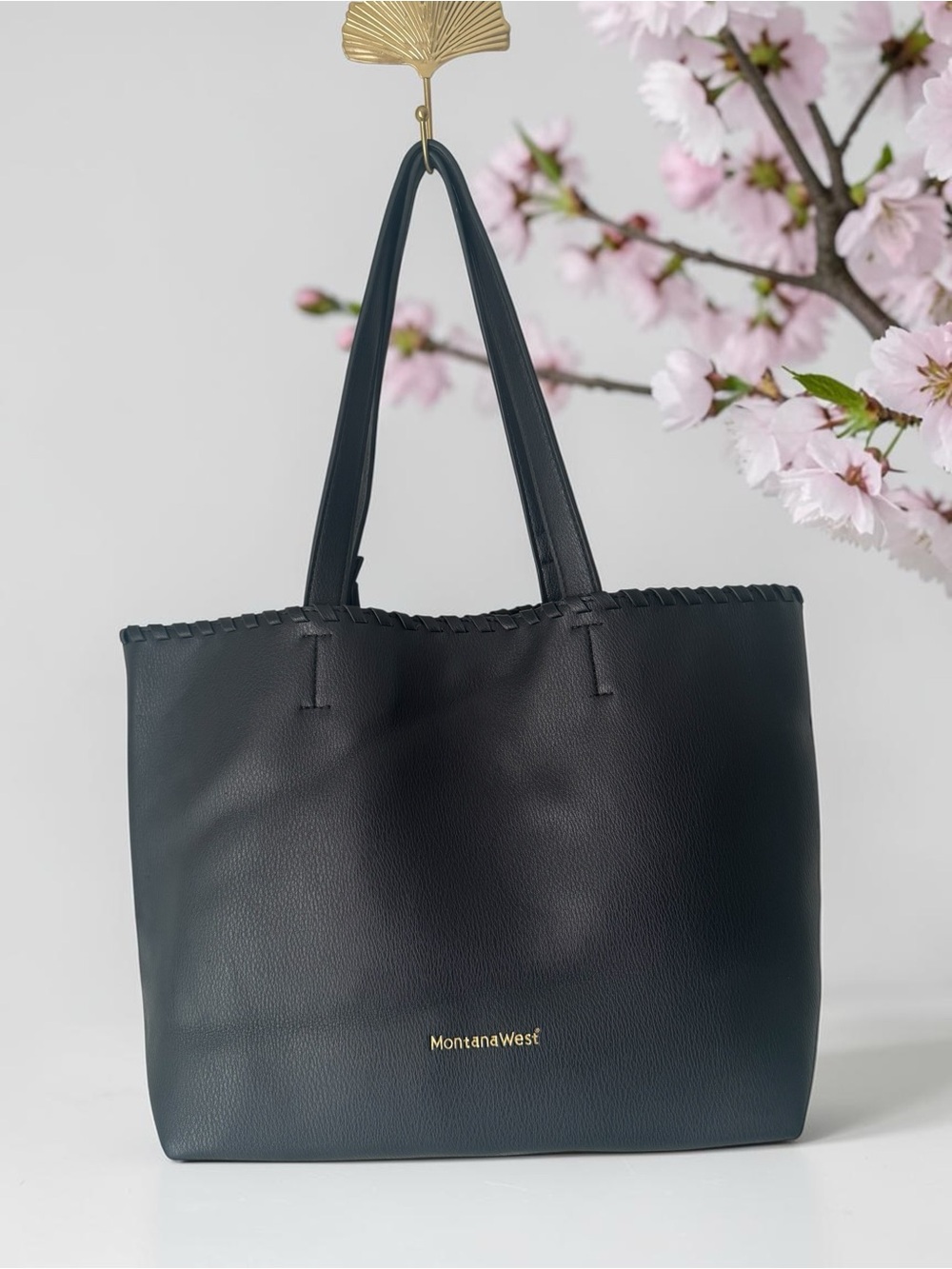 Montana West Black Soft Faux Leather Slouchy Double Strap Tote Gold Logo Accent